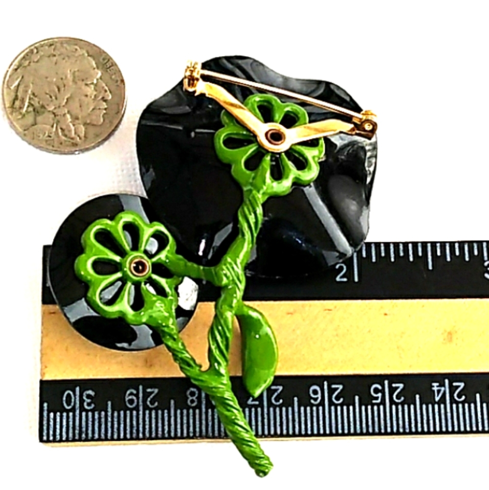 MCM VINTAGE NWOT Black/Green Mod Floral Brooch Pin - Picture 6 of 8